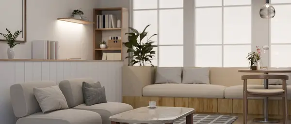 Design Interiores Uma Moderna Sala Estar Acolhedora Com Sofá Confortável — Fotografia de Stock