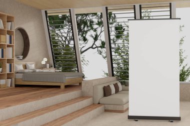 Modern, rahat bir yatak odasında, grafik reklamlarınızı sergilemek için boş bir poster modeli. 3d görüntüleme, 3d Görüntü