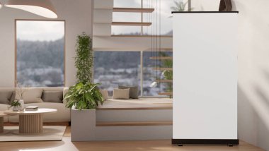 Grafiklerinizi göstermek için boş bir poster modeli, bej kanepe, kahve masası, kapalı bitkiler ve merdivenleri olan rahat bir oturma odasında yerde duruyor. 3d görüntüleme, 3d illüstrasyon