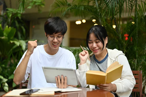 Twee Vrolijke Jonge Aziatische Vrouwelijke Mannelijke College Vrienden Werken Samen — Stockfoto