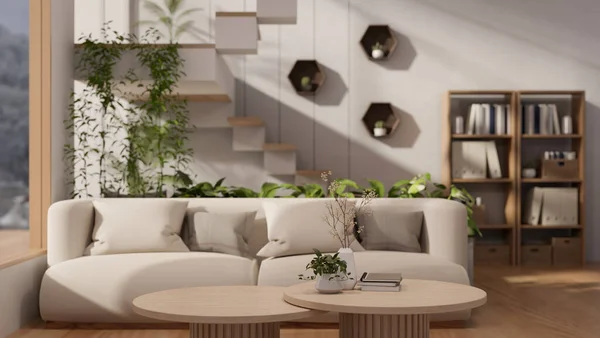 快適なベージュのソファ 木製コーヒーテーブル 屋内植物 階段を備えた居心地の良い現代的なリビングルームのインテリアデザイン 3Dレンダリング 3Dイラスト — ストック写真