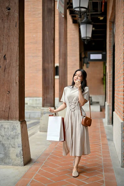 Beautiful Asian Woman Beautiful Minimal Dress Carrying Her Shopping Bags — Stock Fotó