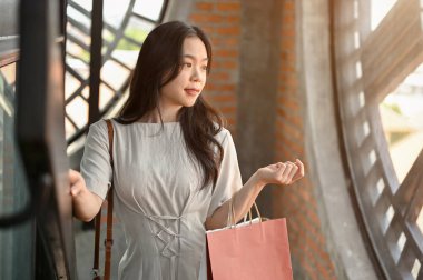 Güzel ve çekici bir Asyalı kadının portresi. Çok güzel bir elbise içinde. Alışveriş çantalarını taşıyor ve manzaraya bakıyor..