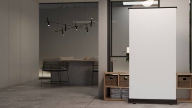 Yemek odası olan modern ve pahalı bir oturma odasında yerde duran boş bir poster modeli. 3d görüntüleme, 3d illüstrasyon