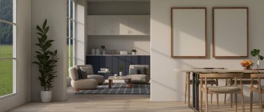 Modern, geniş bir oturma odasının iç tasarımı. Rahatlama alanı, yemek alanı ve beyaz duvarda boş çerçeve motifleri var. 3d görüntüleme, 3d illüstrasyon