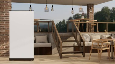 Güzel bir restoranın açık hava yemek alanında yerde boş bir poster modeli. 3d görüntüleme, 3d illüstrasyon