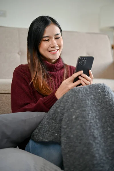 Portrait Beautiful Happy Young Asian Woman Cozy Sweater Using Her — Stock Photo, Image