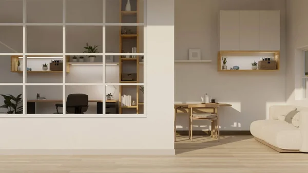 室内设计现代简约的公寓客厅与工作空间和餐厅 书桌和装饰 3D渲染 3D说明 — 图库照片