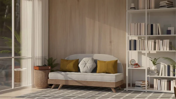 Design Interiores Uma Moderna Sala Estar Escandinava Com Sofá Tapete — Fotografia de Stock