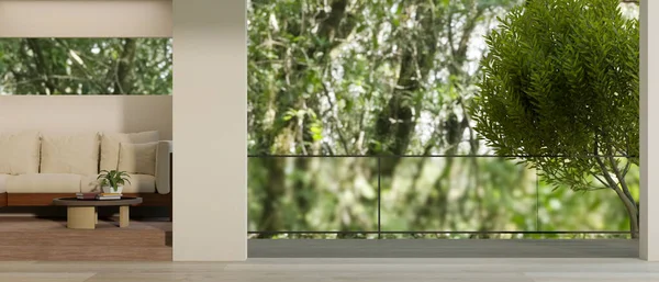 现代建筑走廊的室内设计 具有休闲区和自然景观优美的阳台 3D渲染 3D说明 — 图库照片