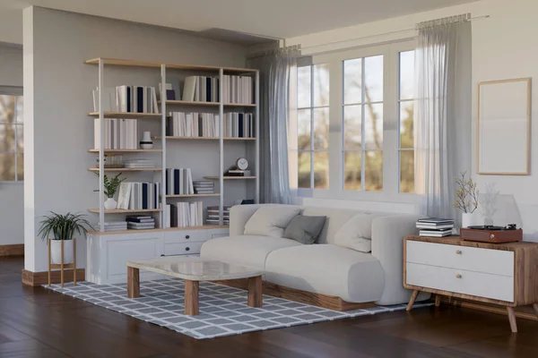 Design Interiores Uma Confortável Mínima Sala Estar Com Sofá Aconchegante — Fotografia de Stock