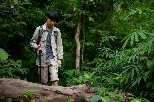 Een Actieve Aziatische Mannelijke Wandelaar Met Een Rugzak Trekking Gear — Stockfoto