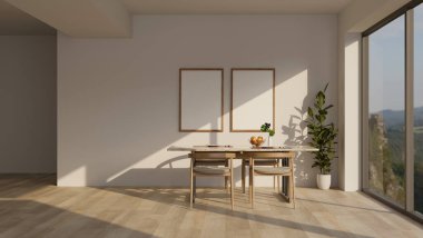 Güzel bir İskandinav yemek odası büyük cam pencerenin yanında minimal bir yemek masası güzel bir doğa manzarası, duvarda çerçeveler, parke döşeme ve dekor. 3d görüntüleme, 3d illüstrasyon