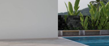 Yüzme havuzu, boş beyaz duvar maketi ve tropikal bitkileri olan modern, güzel bir ev terası. 3d görüntüleme, 3d illüstrasyon