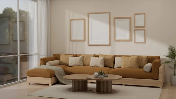 窓からの快適なソファー 最小限の木製のコーヒーテーブル 壁のフレーム 装飾と暖かいトーンでモダンで居心地の良いリビングルームのインテリアデザイン 3Dレンダリング 3Dイラスト — ストック写真