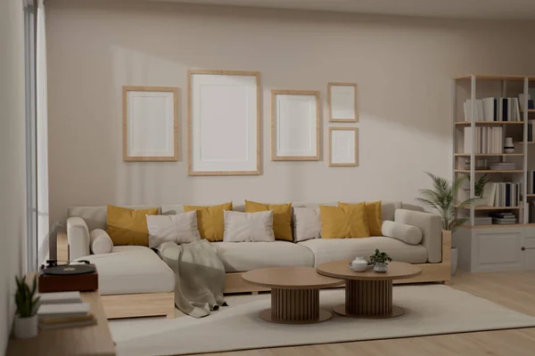 快適なソファ 最小限の木製コーヒーテーブル 壁のフレーム 装飾を備えたモダンで居心地の良いリビングルームのインテリアデザイン 3Dレンダリング 3Dイラスト — ストック写真