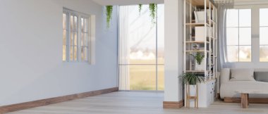 Beyaz kanepesi, sehpası, büyük kitaplığı, kapalı bitkileri ve duvarda boş yeri olan küçük beyaz bir oturma odası. 3d görüntüleme, 3d illüstrasyon