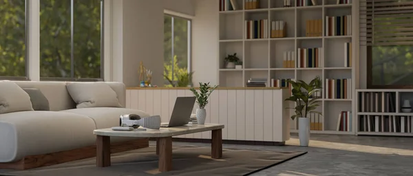 居心地の良いリビングルームのインテリアデザイン 居心地の良いソファ コーヒーテーブルのラップトップ 大きな本棚 ホームデコレーション 3Dレンダリング 3Dイラスト — ストック写真