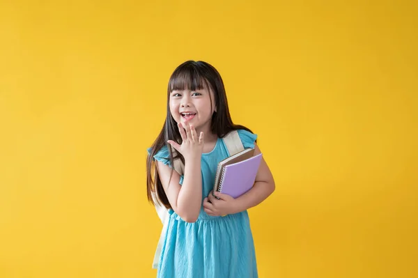 Ein Fröhliches Und Entzückendes Junges Asiatisches Mädchen Mit Einem Rucksack — Stockfoto