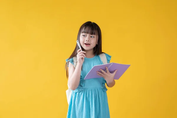 Ein Weises Und Aufgewecktes Kleines Asiatisches Mädchen Steht Mit Einem — Stockfoto