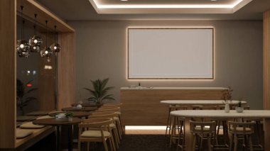 Güzel ve lüks bir kafe ya da restoran oturma alanının iç tasarımı. Geceleri çok güzel kapalı mekanların ışıkları var. 3d görüntüleme, 3d illüstrasyon