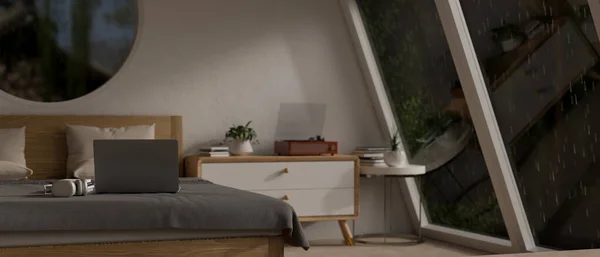 유리창에 현대적이고 편안한 침실에서 침대에 노트북 개념입니다 렌더링 일러스트레이션 — 스톡 사진