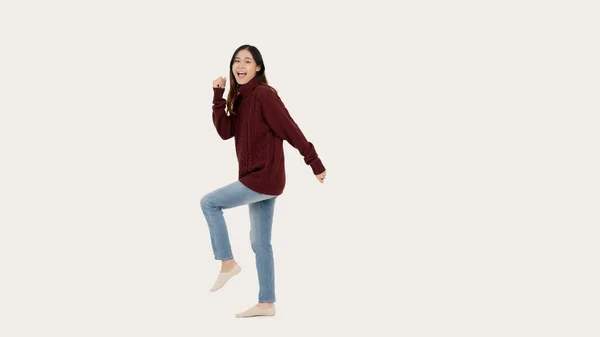 Joyful Pretty Asian Woman Red Sweater Stands Isolated White Background — Stock Photo, Image