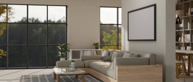 Modern ve rahat bir oturma odası, rahat bir kanepe, bir sehpa, beyaz duvarda boş bir çerçeve, büyük cam pencereler ve dekor. 3d görüntüleme, 3d illüstrasyon