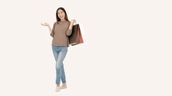 Portrait Beautiful Happy Asian Female Her Shopping Bags Standing Isolated — Stock Photo, Image