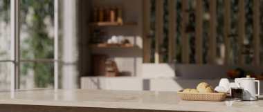 Ürün sergisi için bir kahve makinesi, bir kahve fincanı ve modern bir mutfakta bulanık bir ekmek sepetiyle mekanı kopyalayın. 3d görüntüleme, 3d illüstrasyon