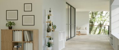 Kitaplık, kaktüs rafı, dekor ve beyaz duvarlı modern, minimal beyaz bir bina koridoru. Ofis koridoru ya da koridor. 3d görüntüleme, 3d illüstrasyon