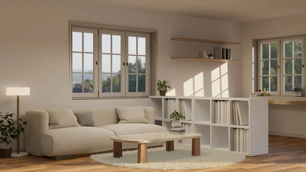 Ein Gemütliches Skandinavisches Wohnzimmer Mit Einer Bequemen Beigen Couch Einem — Stockfoto