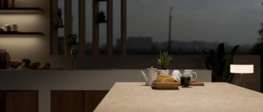 Modern bir mutfak adasının ya da mutfak tezgahının yakın plan görüntüsü. Kahve fincanı, ekmek sepeti, seramik bir kahve demliği ve modern bir mutfakta bir kupa tepsisi. 3d görüntüleme, 3d illüstrasyon