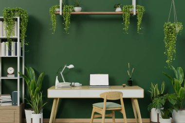 Yeşil duvara dayalı bir dizüstü bilgisayarı, bir sandalyesi, bir rafı, bir parke zemini ve tropikal kapalı alan bitkileriyle modern bir yeşil ofis çalışma alanının iç tasarımı. 3d görüntüleme, 3d illüstrasyon