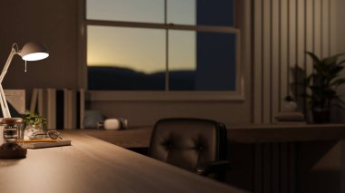 Akşamları modern bir odada masa lambası, gözlüğü, kitabı ve dekorasyonu olan ahşap bir masanın üzerindeki fotokopi alanının yakın plan görüntüsü. Karanlık çalışma alanı. 3d görüntüleme, 3d illüstrasyon