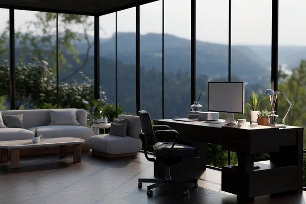 A computer desk with a computer white screen mockup and decor in a modern, luxury living room with a large glass window with an amazing nature view. Home workspace concept. 3d render, 3d illustration