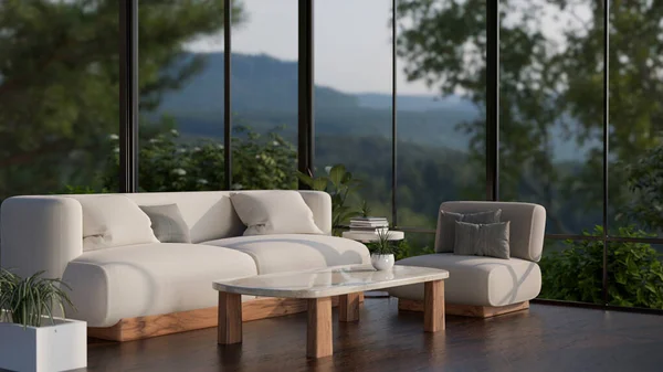 快適なホワイトソファ コーヒーテーブル 素晴らしい自然の景色を望む大きなガラス窓 装飾が施されたモダンで豪華なリビングルームのインテリアデザイン 3Dレンダリング 3Dイラスト — ストック写真