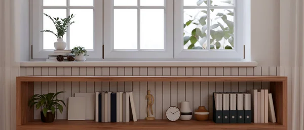 Copy space for displaying your product on a wooden open shelf cabinet against the white wall with a window in a minimalist white living room. close-up image. 3d render, 3d illustration