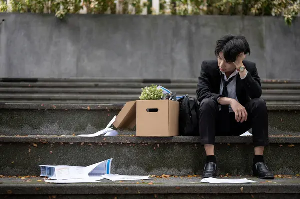 Depressed Upset Sad Young Asian Unemployed Businessman Sitting Stairs Front — Stock Photo, Image