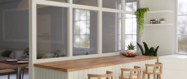 Ürününüzü İskandinav mutfağındaki ahşap mutfak tezgahında sergilemek için boş bir alan. 3d görüntüleme, 3d illüstrasyon