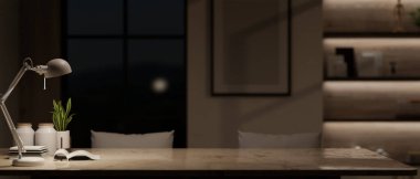 Ürününüzü arka planda bulanık, rahat bir oturma odasında sergilemek için alanı kopyalayın. Ev çalışma alanı, çalışma masası, çalışma masası. 3d görüntüleme, 3d illüstrasyon