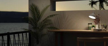 Geceleri modern çalışma alanı, ürününüzü güzel bir günbatımı manzaralı ya da karanlık gökyüzü olan masa, bitki ve balkonda sergilemek için kopya alanı. 3d görüntüleme, 3d illüstrasyon