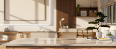 Ürününüzü arka planda bulanık İskandinav oturma odasında sergilemek için alanı kopyalayın. Ev çalışma alanı, çalışma masası, çalışma masası. 3d görüntüleme, 3d illüstrasyon