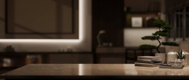 Ürününüzü arka planda bulanık, rahat bir oturma odasında sergilemek için alanı kopyalayın. Ev çalışma alanı, çalışma masası, çalışma masası. 3d görüntüleme, 3d illüstrasyon