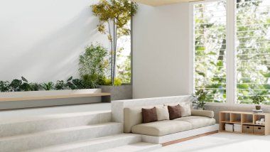 Yüksek tavanlı, kapalı kapılar ardında bitki ve ağaç, rahat kanepe, geniş pencere ve basamakları olan modern, ferah bir salonun iç tasarımı. Otel salonu, pahalı oturma odası. 3d görüntüleme, 3d illüstrasyon