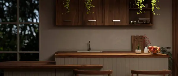 Cozinha Escandinava Moderna Madeira Estilo Material Branco Com Uma Bancada — Fotografia de Stock
