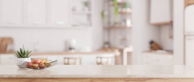 Arka plan olarak bulanık, modern, minimal beyaz bir mutfağı olan lüks, beyaz mermer bir masa üzerinde maket alanı. Görüntüyü yaklaştır. 3d görüntüleme, 3d illüstrasyon