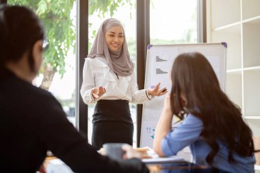 Kendine güvenen ve profesyonel Asyalı bir iş kadını olan tesettürlü bir iş kadını, iş projesini toplantıda ekibine sunuyor. Çeşitli iş ekipleri