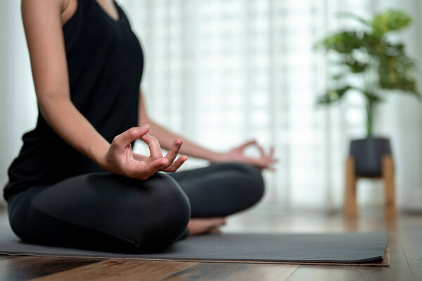Close-up rear-view image of a healthy, sporty woman practicing yoga at home, sitting in a lotus pose on a yoga mat in the living room.