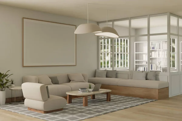 现代白色客厅或办公室休息室的室内设计 配有舒适的沙发 咖啡桌 家庭用房 白色墙壁上的框架和私人办公室 3D渲染 3D说明 — 图库照片